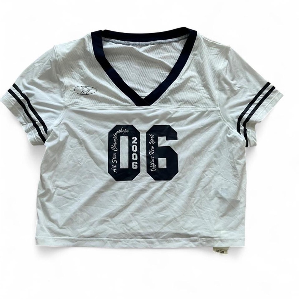 NWT OFFLINE by Aerie Cropped Jersey V-Neck Top XS Sporty Varsity White